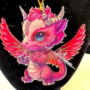 Cute Red Dragon Window/Car Hanger, bright color, 3” X 3” w/14” gold tone cord